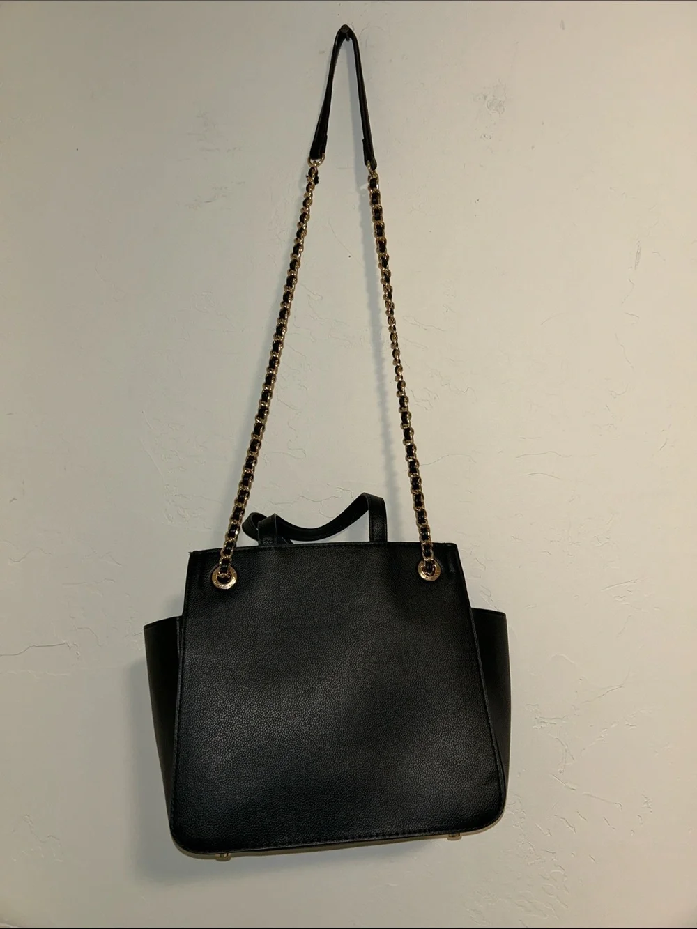 Anne Klein textured black leather look PVC satchel bag.